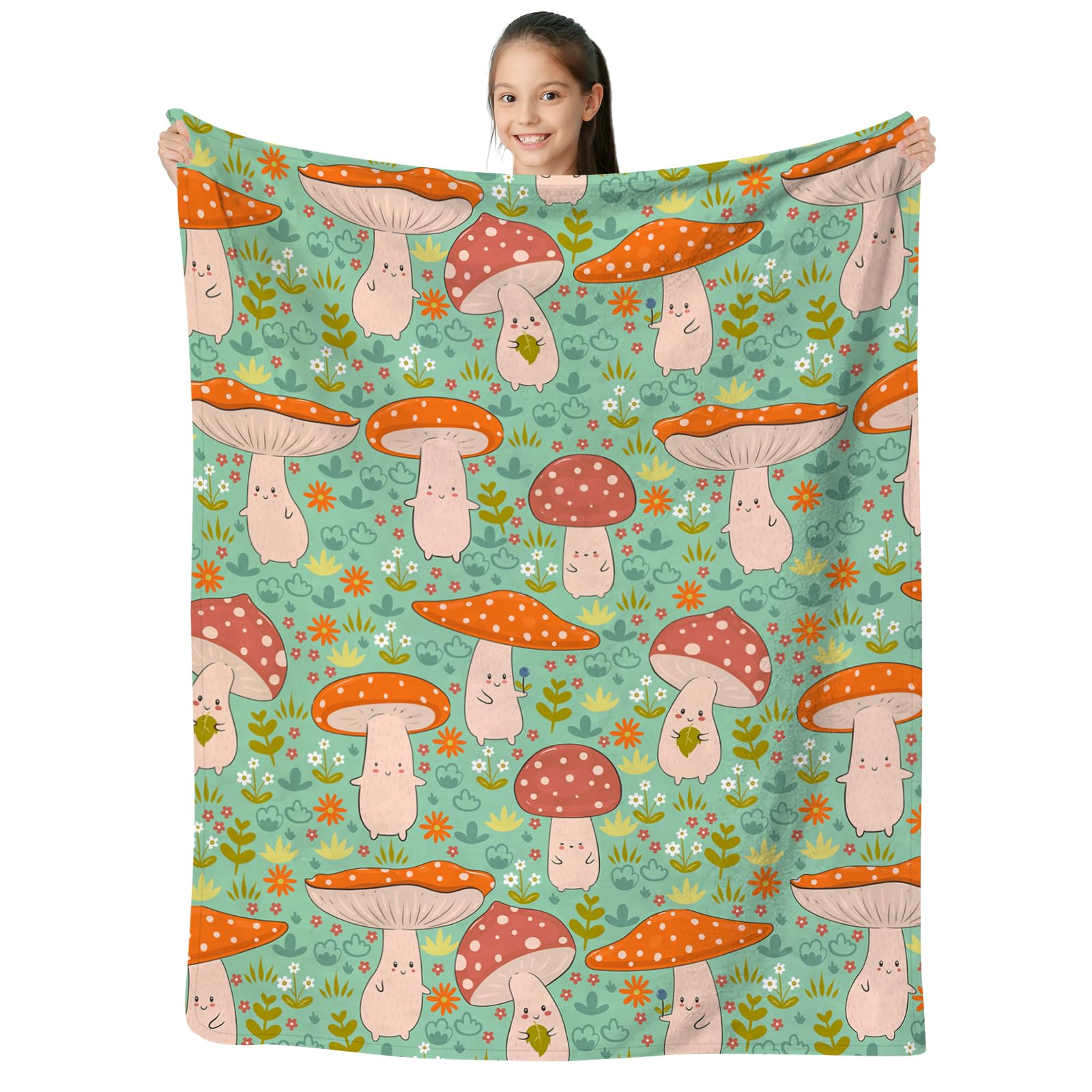 SKT T1Mushroom Blanket Cute Red Mushrooms Amanita Floral Print Throw Blankets, Mushroom Gifts for Women Girls Teens, Fluffy Green Flannel Fleece Bed Blankets Soft Cozy Mushroom Bedding 50"x40"