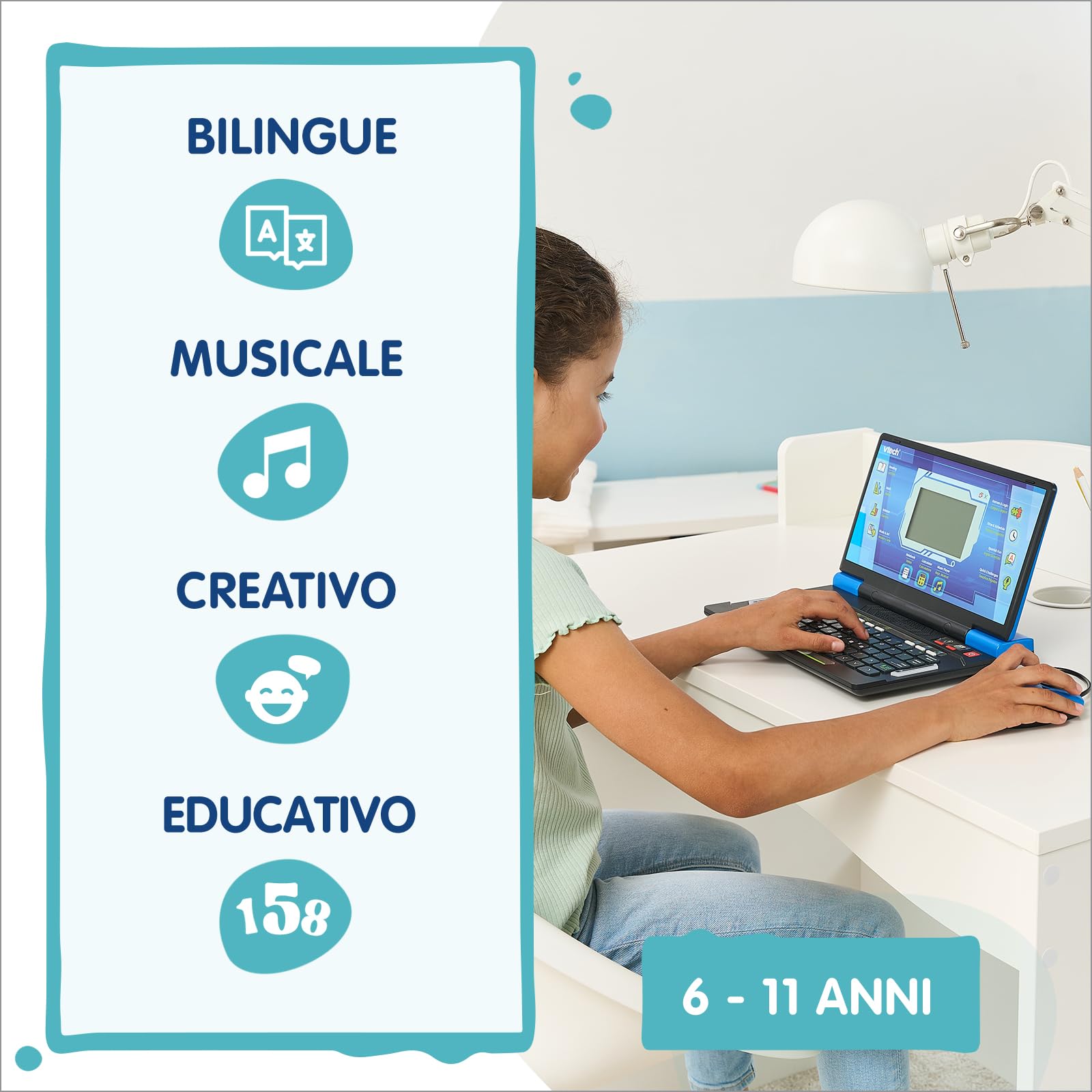 VTech Bit Smart Genius Plus Nero, Computer Interattivo Bambini, Computer con Mouse Incluso, 164 Attività, Computer Didattico Bilingue Italiano e Inglese, Tastiera QWERTY, Batterie Incluse, 6-11 Anni