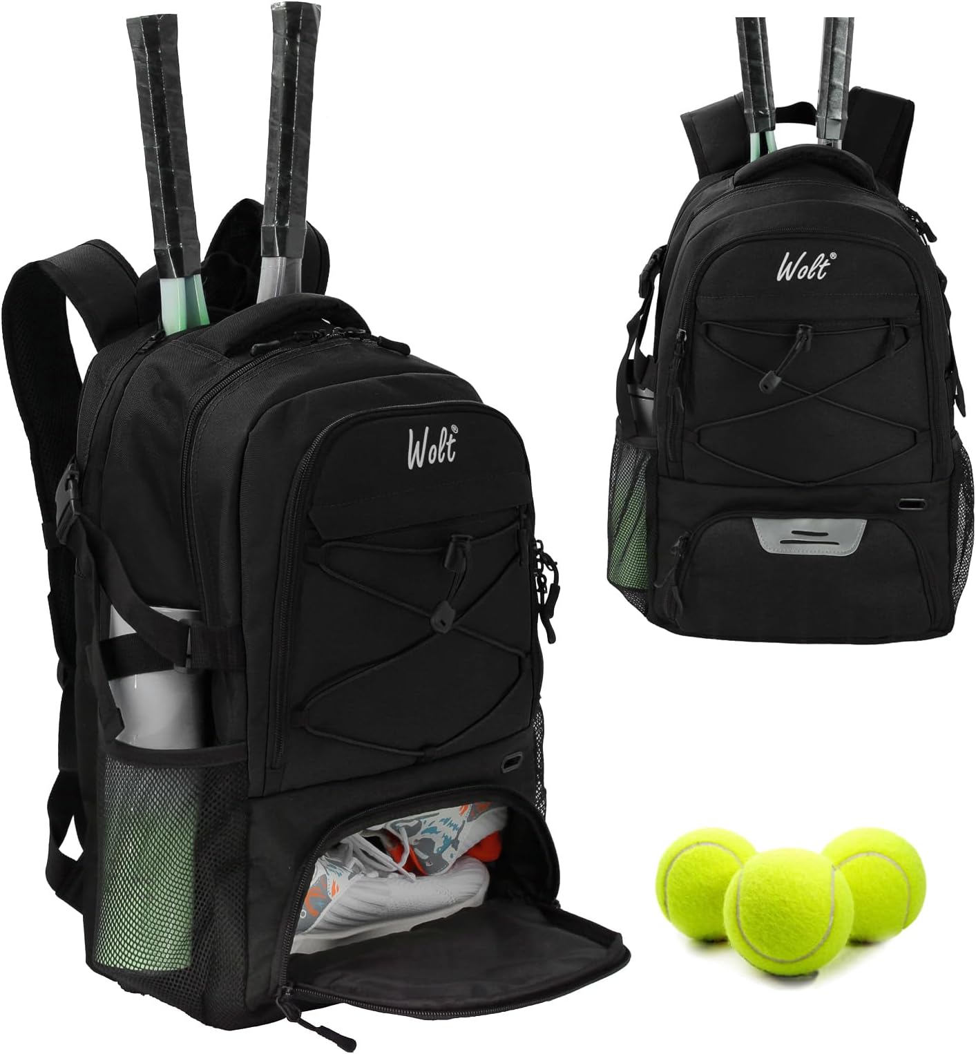 WOLT Tennis Bag - Large Tennis Racket Backpack for Men & Women - Ventilated Shoe Compartment - Holds 2 Rackets