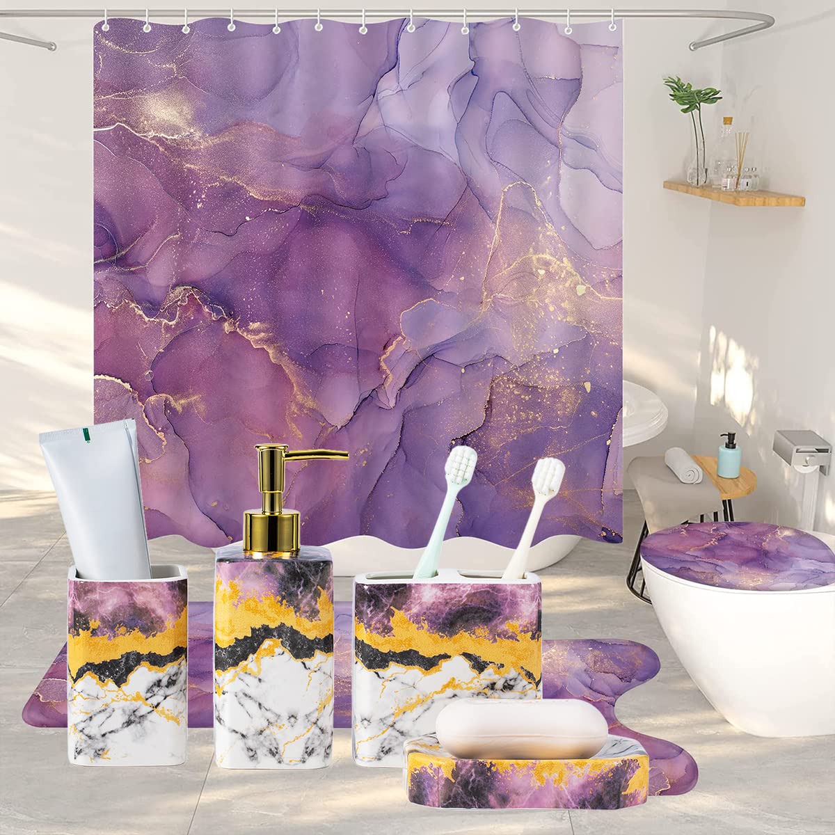 Juego de accesorios de baño de 4 piezas – El juego de accesorios de baño morado incluye dispensador de loción, vaso soporte para cepillo de dientes y jabonera, acabado brillante (mármol, morado)