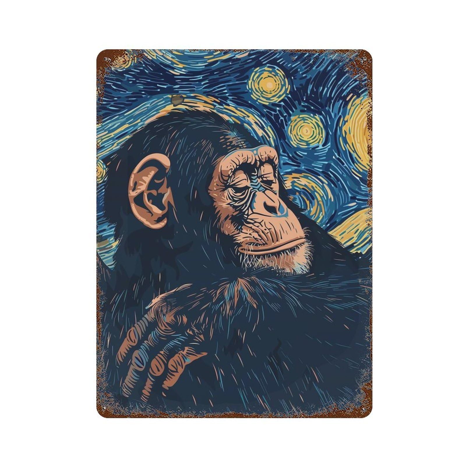 Garage Style Chimpanzee in Starry Night Style Vintage Rust Metal Sign 15.7"x11.8", Retro Wall Decor for Bar And Workshop