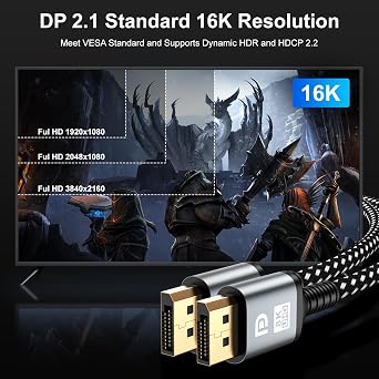 16K DisplayPort Cable 2.1, 3.3 FT DP Cable [16K@60Hz, 8K@120Hz, 4K@240Hz, 40Gbps] | Gold-Plated DP to DP for Gaming Monitor, PC | Supports HDR, HDCP, FreeSync, G-Sync, RTX 4090, 7900XTX