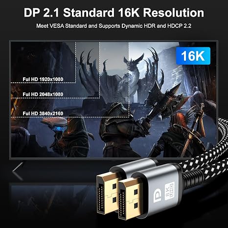 16K DisplayPort Cable 2.1, 3.3 FT DP Cable [16K@60Hz, 8K@120Hz, 4K@240Hz, 40Gbps] | Gold-Plated DP to DP for Gaming Monitor, PC | Supports HDR, HDCP, FreeSync, G-Sync, RTX 4090, 7900XTX