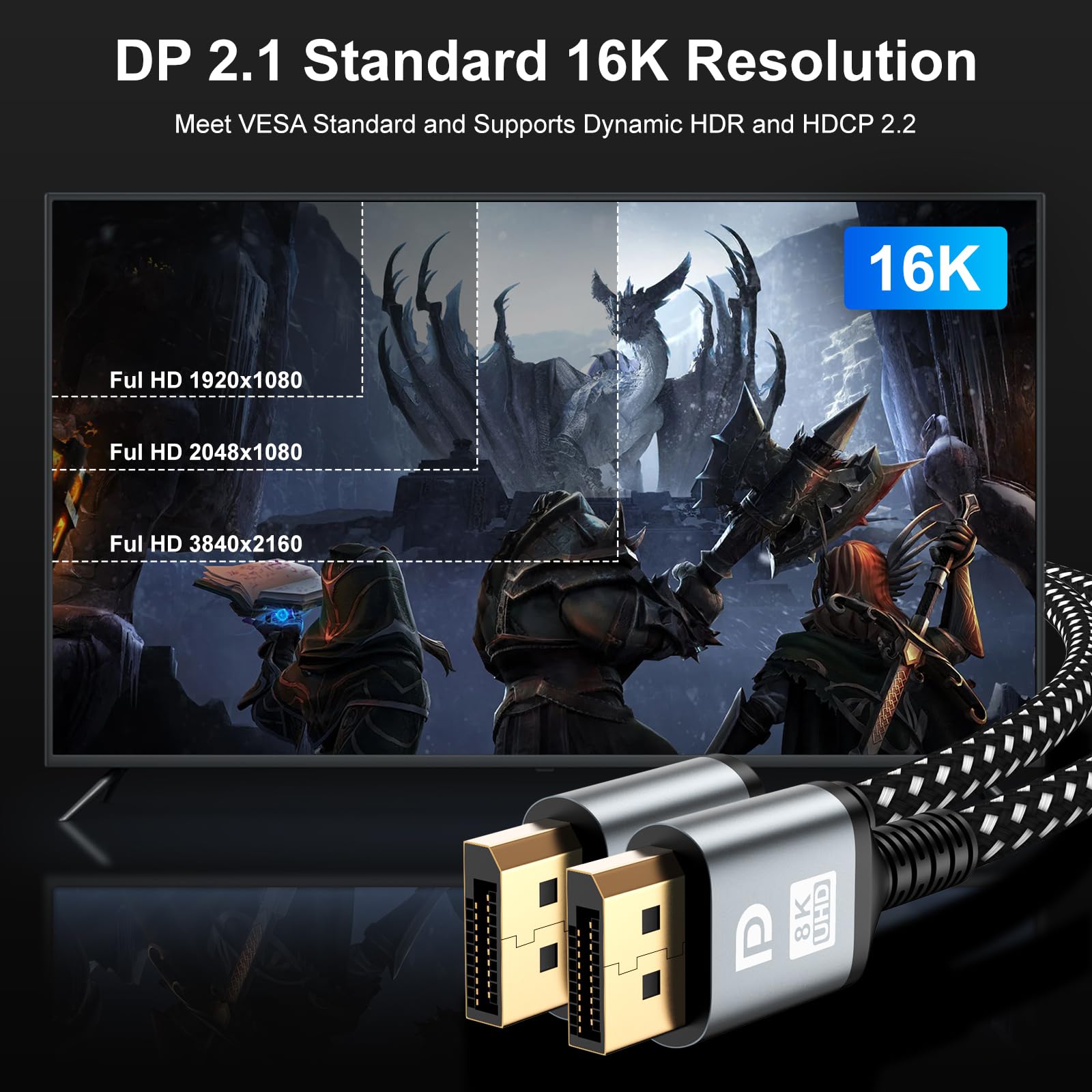 Cavo DisplayPort 16K 3m, [4K @240Hz/165Hz/144Hz, 16K @60Hz, 8K @120Hz, 2K @240Hz], cavo DP 2.1 HBR3 DSC 1.2, HDCP 2.2, G-Sync e Free-Sync per monitor di gioco, schede PC, PC, laptop