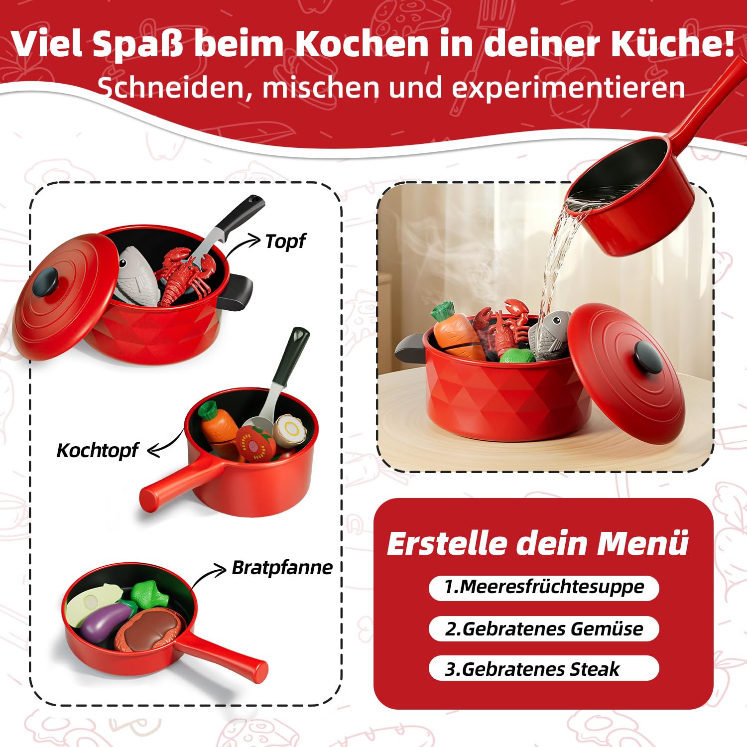 Lehoo Castle Kinderküche Zubehör, Spielküche Zubehör, Kinderküche Geschirr, Töpfe Kinderküche, Spielzeug ab 3 Jahre