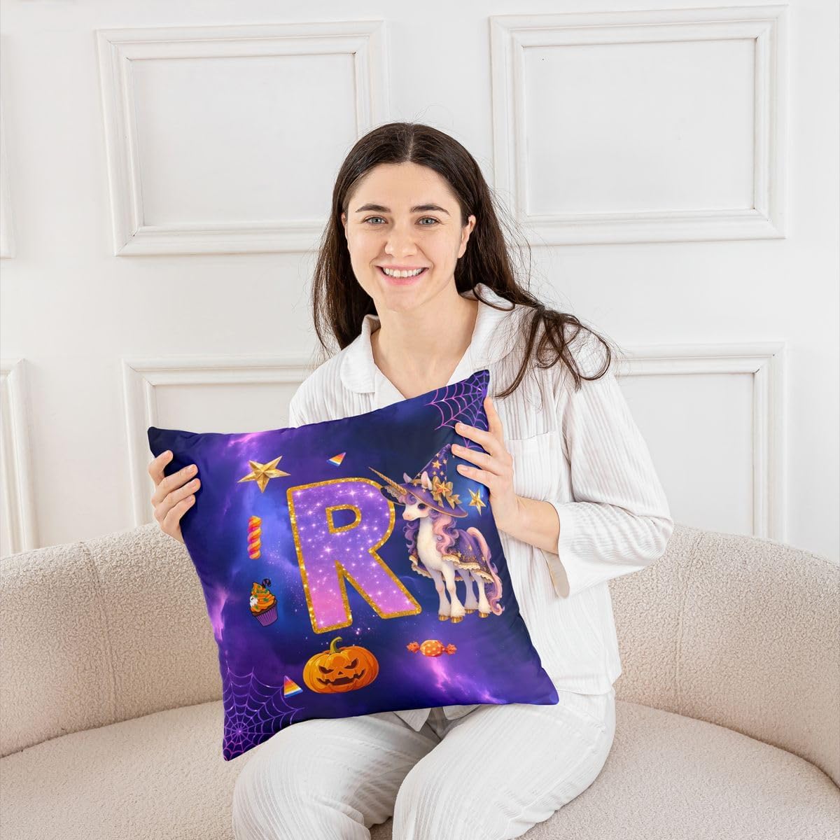 Castle Fairy Happy Halloween Throw Pillow Covers 16"x16" Set of 4,Unicorn Pumpkin Spider Web Cushion Covers for Couch Sofa,Letter Initial R Decorative Pillowcases,Purple R Pillow Cases image 4