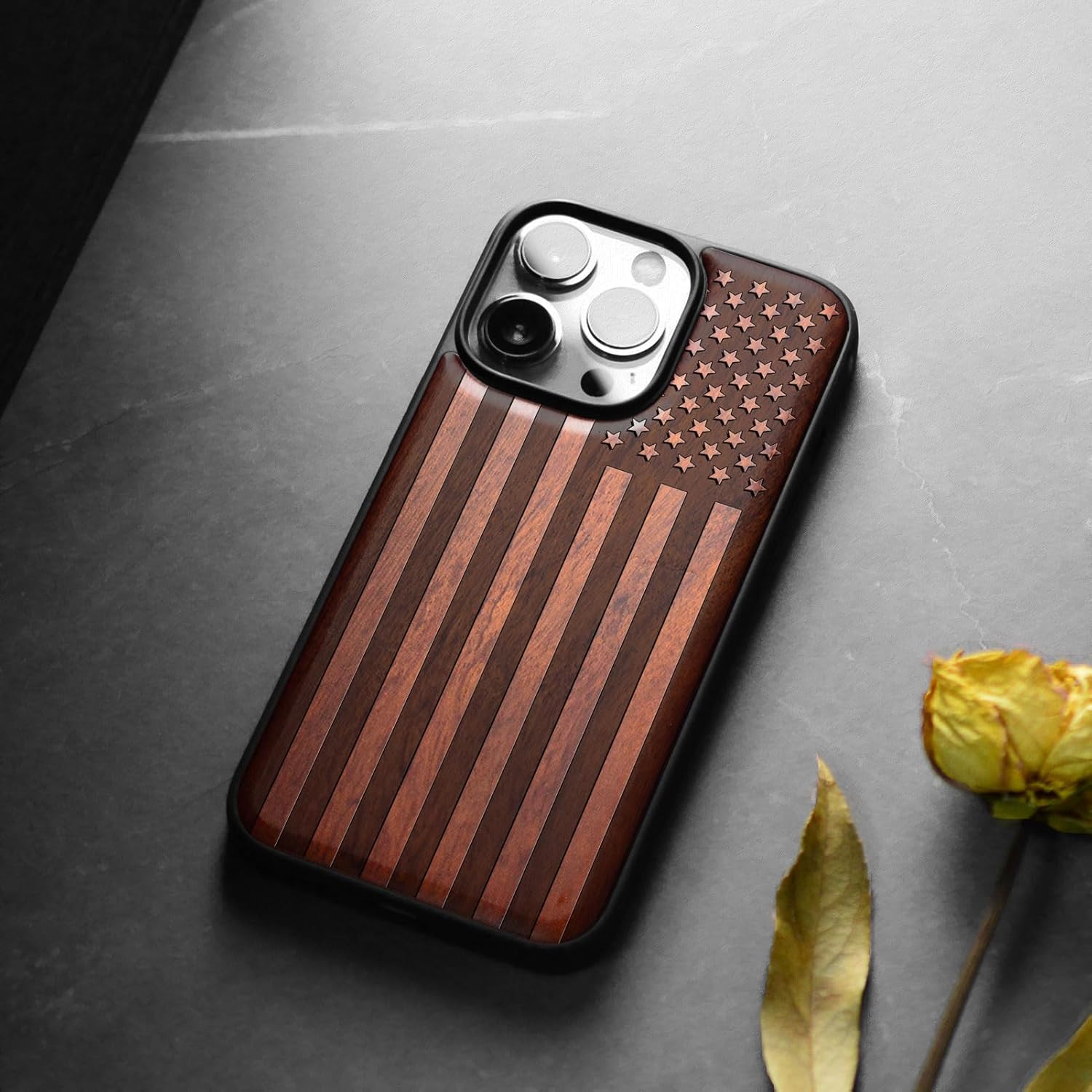 Carveit Magnetic Wooden Case for iPhone 15 Pro Case, Compatible with MagSafe Wireless Chargers, Black Soft TPU Shockproof Cover & Wood Artisan Engraved (American Flag) - Rosy