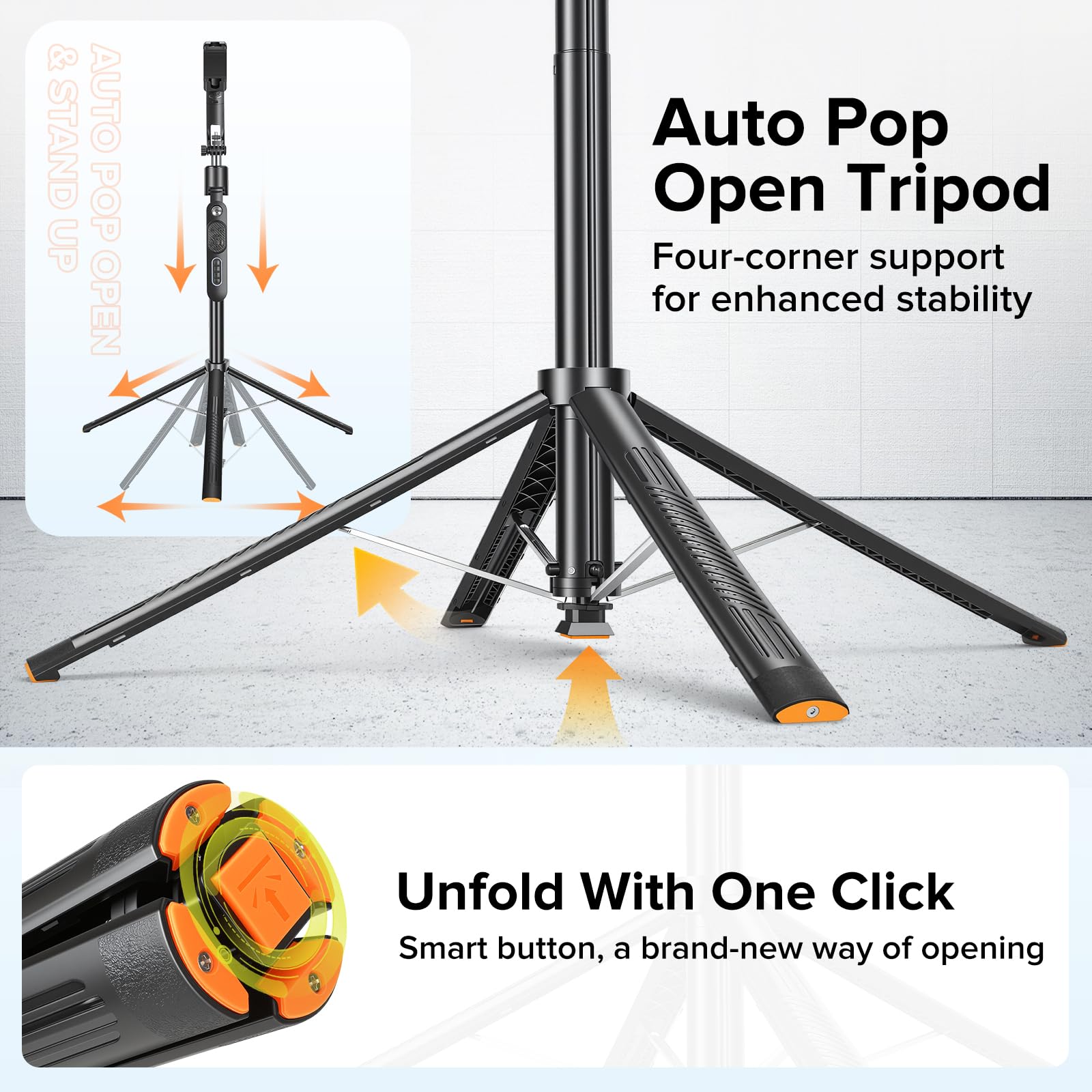 Treppiede per selfie da 72 pollici, per iPhone, Android, con apertura automatica, rotazione a 360° e telecomando con controllo gestuale per vlogging/tiktok/trucco