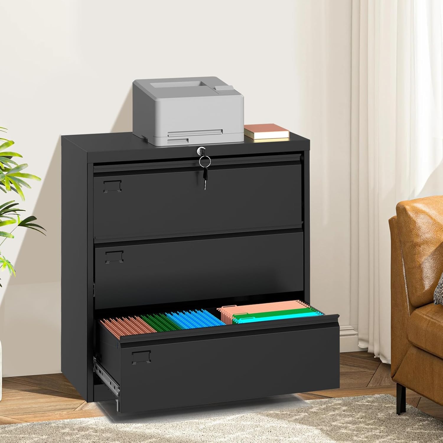 3-Drawer Lateral File Cabinet with Lock, Heavy Duty Metal Filing Cabinet for Letter/Legal/A4 Documents, Home Office Storage, 55lbs Capacity, Easy Assembly