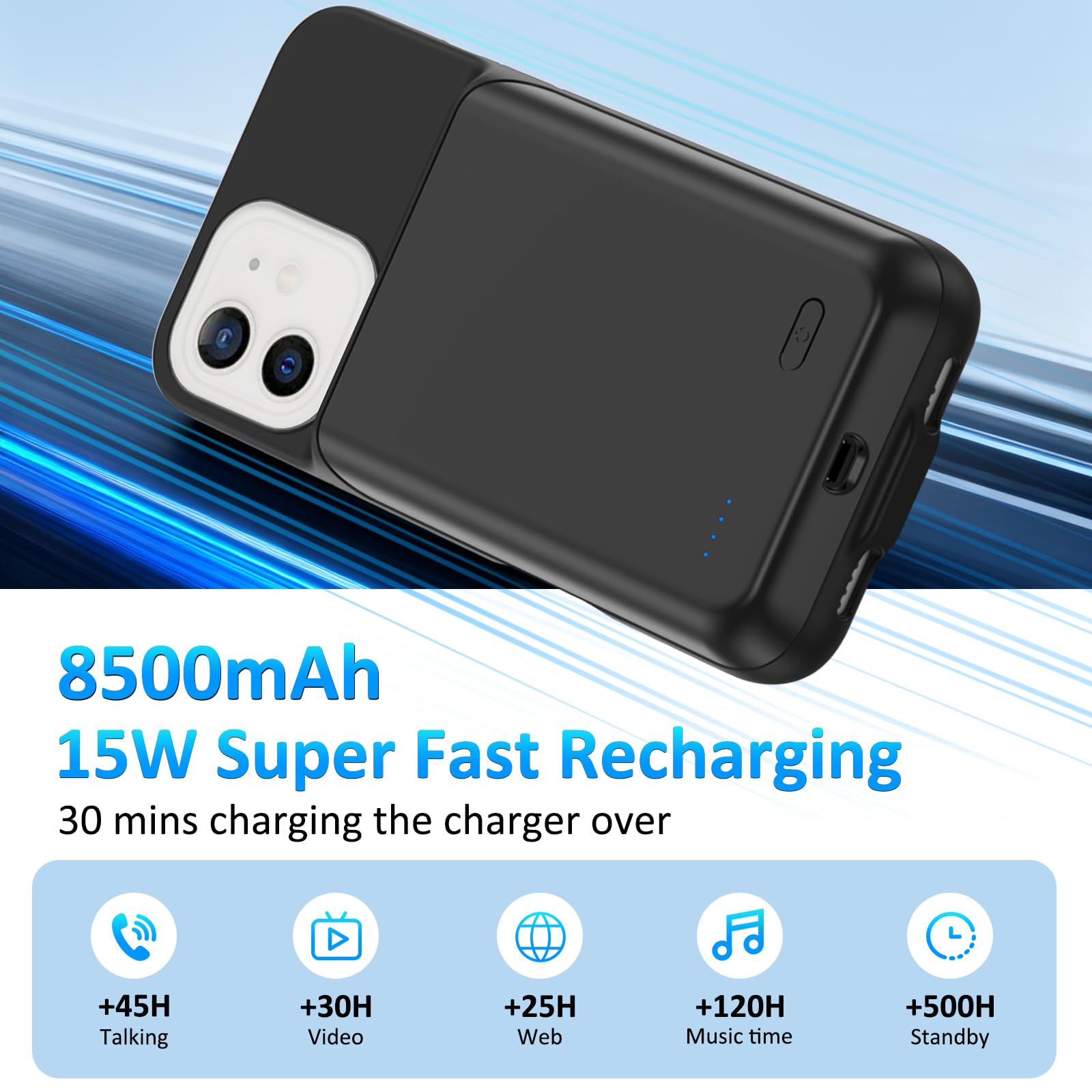 Akkuhülle für iPhone 11(6.1 Zoll), 8500mAh Tragbares Ladegerät iPhone Ultradünn Erweiterter Akku Hülle Telefonladegerät und Schutzhülle mit Ladefunktion für iPhone 11 - Schwarz
