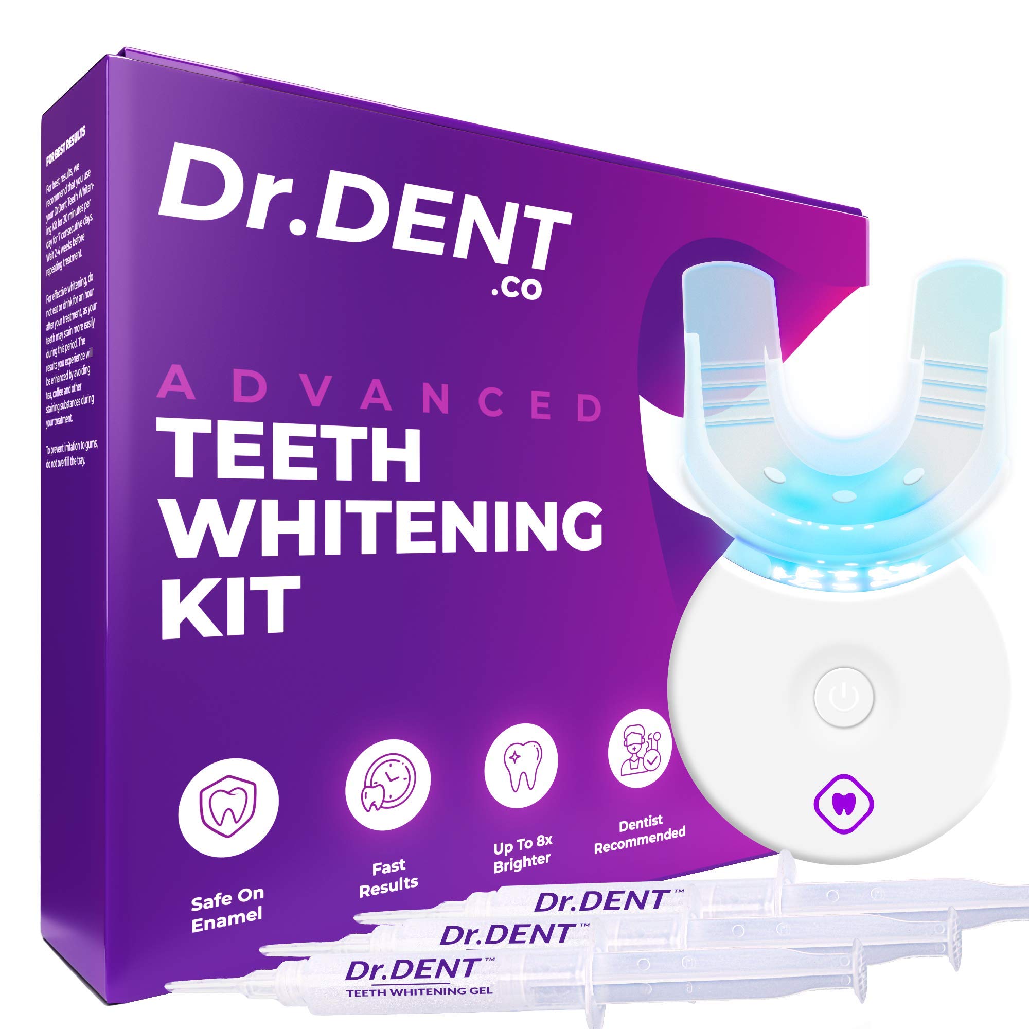 Advanced DrDent Teeth Whitening Kit - Includes (3) 5ml Teeth whitening gels, Led Light Activator, Mouth Tray, Retainer Case - Built-in 10 Minute Timer - Restores Your Gleaming White Smile.