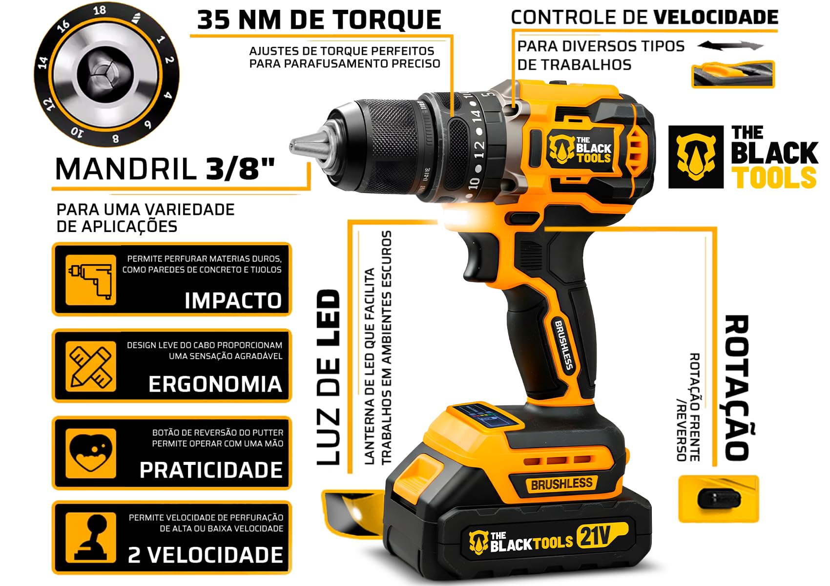 Parafusadeira Furadeira de Impacto Sem Fio 21V Brushless 2