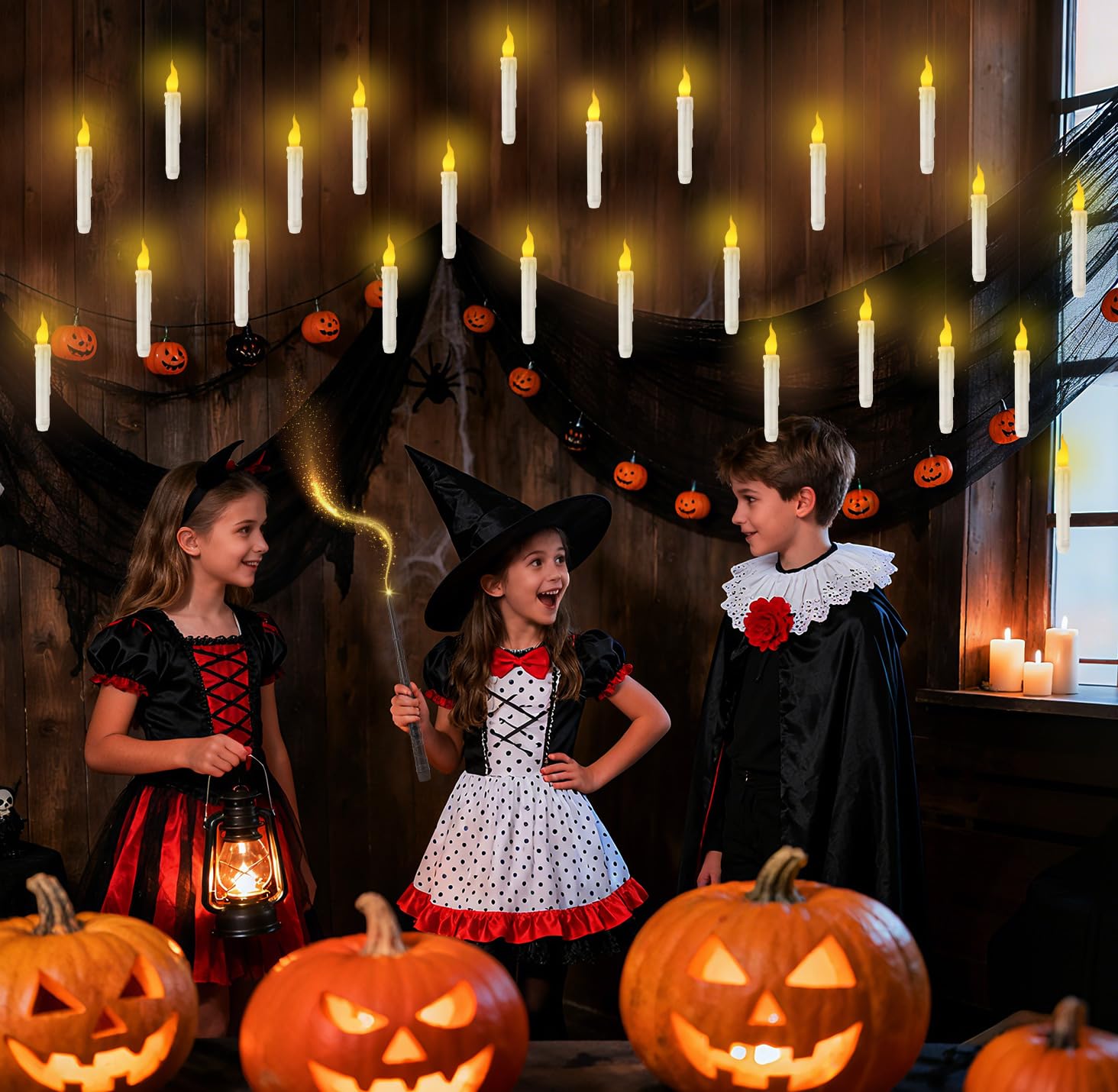 Schwebende Kerzen 24 Stück, Fliegende LED Kerzen mit Zauberstab Fernbedienung, Floating Candles, Warmes Licht Flackernde Hängende Kerzen für Weihnachten Halloween Party Campen Outdoor Deko