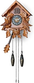 TIMEGEAR Cuckoo Clock with Night Mode, Singing Bird, Wooden Decorations and Swinging Pendulum Brown
