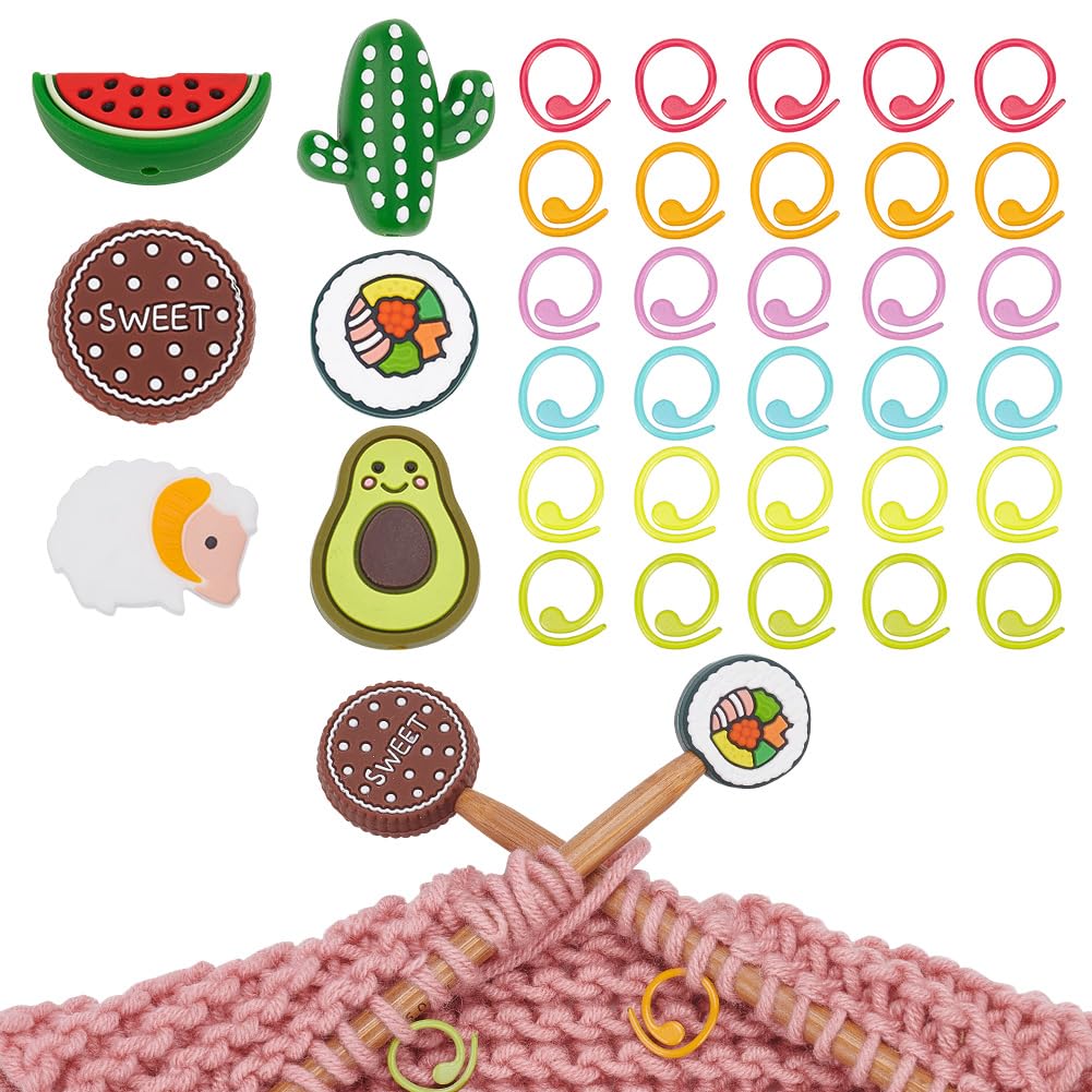 NBEADS 6 Pcs Knitting Needle Stoppers & 30 Pcs Knitting Stitch Marker Rings, Food Fruit Point Protectors, Silicone Stitch Stoppers, Zinc Alloy Rings, 14.5mm Diameter, DIY Crafts Accessories