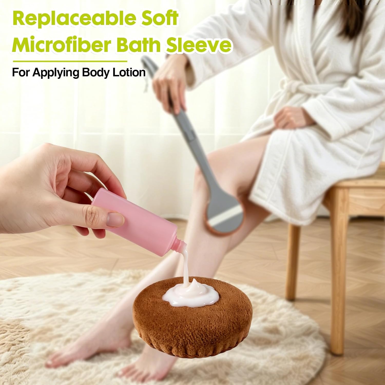 2 in 1 Linen Shower Brush Back Scrubber, 21" Long Handle Curved Body Scrub Bath Brush with Body Lotion Applicator for Men and Women, Exfoliating & Deep Cleaning, Suitable for Shower, Bath, Spa