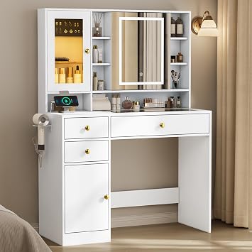 Vanity Desk with LED Lighted Mirror and Jewelry Organizer & Glass Top and Charging Station, Makeup Vanity with 3 Drawers and 2 Storage Cabinets & Hidden Compartment, Dressing Table for Bedroom, White