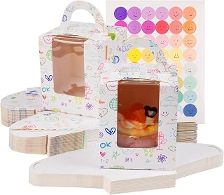 KEYIDO Cupcake-Boxen, einzelne Cupcake-Boxen, Graffiti-Muster, 1 Loch, Kuchenbox mit transparenten Fenstereinsätzen und 2 Bögen Aufklebern für Hochzeit, Geburtstag, Party, Gastgeschenke, 30 Stück