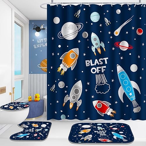 Poedist 4 Pcs Bathroom Shower Curtain Set,Kid's Bathroom Set,Cosmic Space