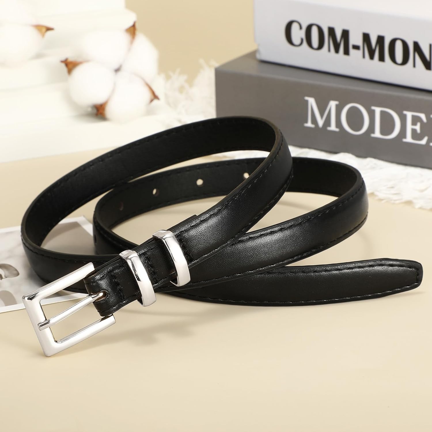 2 Pack Women Thin Leather Belt for Dresses Fashion Ladies Skinny Waist Belt for Jeans Pants - Image 2