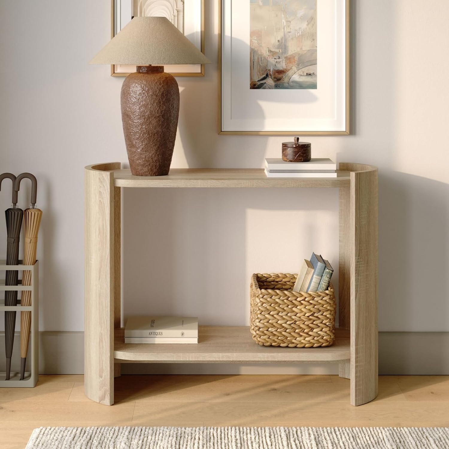 Curved Wood Leg Console Table – Modern Oval Sofa Table with Storage – Mid-Century Narrow Entryway Table – Easy to Assemble Hallway or Living Room Furniture – Light Oak