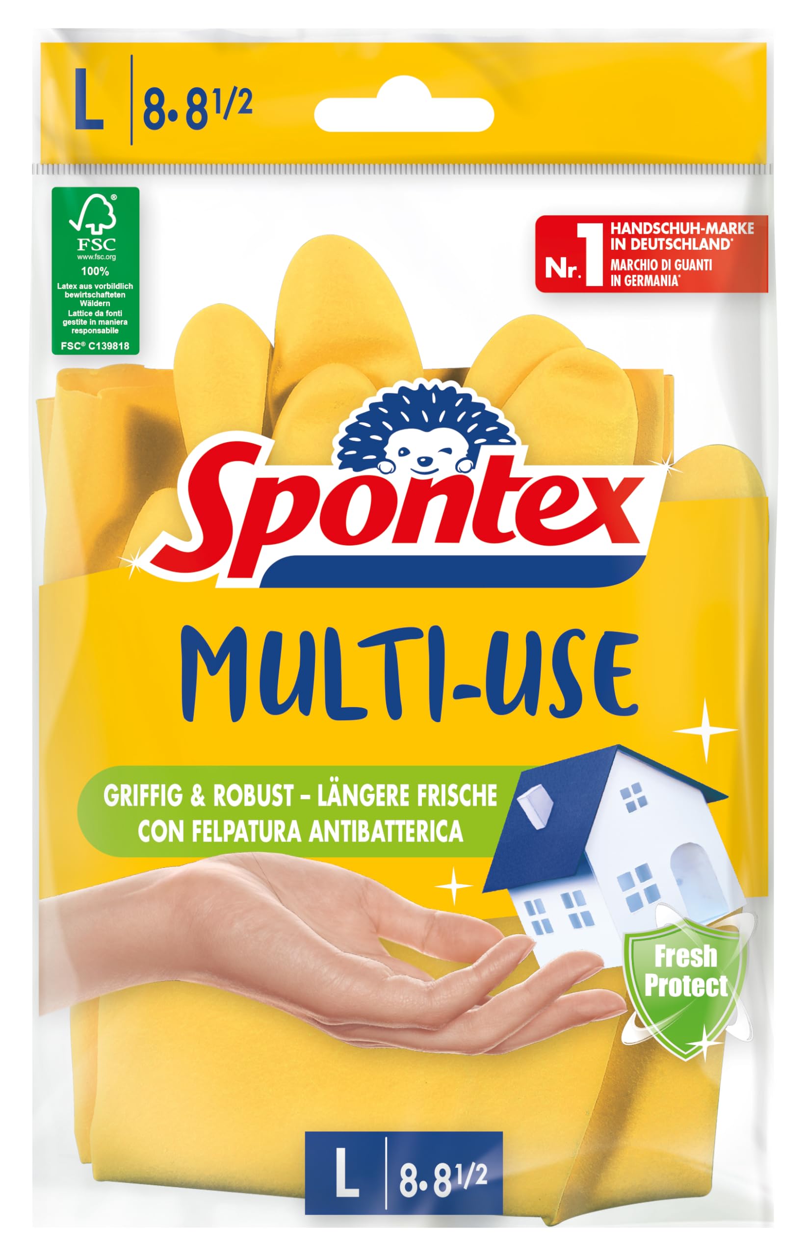 Spontex Multi Use, 12 paires de gants de ménage avec protection fraîcheur et latex naturel FSC, intérieur avec flocage en coton, taille L (12 x 1 paire)