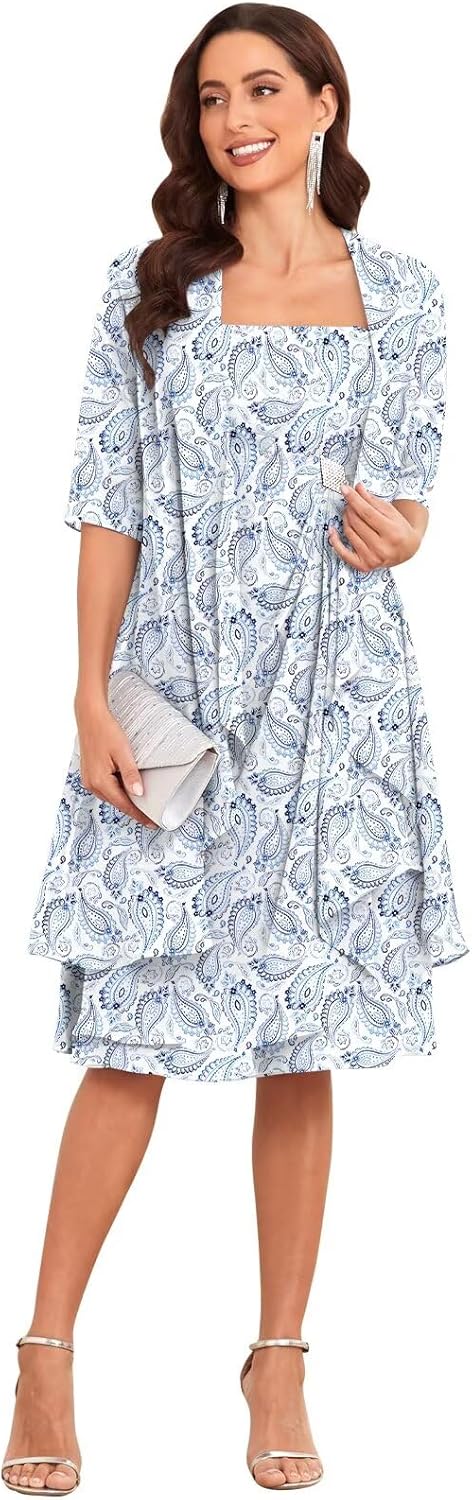 Mollyevers 2 Piece Mother of The Bride Dresses for Wedding with Jacket Half Sleeve Ruffle Chiffon Formal Evening Dress