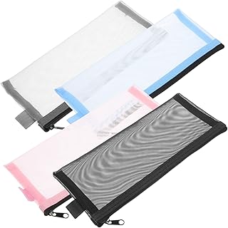 4個 メッシュ透明ペンケース ジッパー付き鉛筆バッグ クリアペンケース ペン + 鉛筆 メッシュ収納袋 ポータブル化粧ポーチ ジッパーバッグ 小さな鉛筆 ナイロン