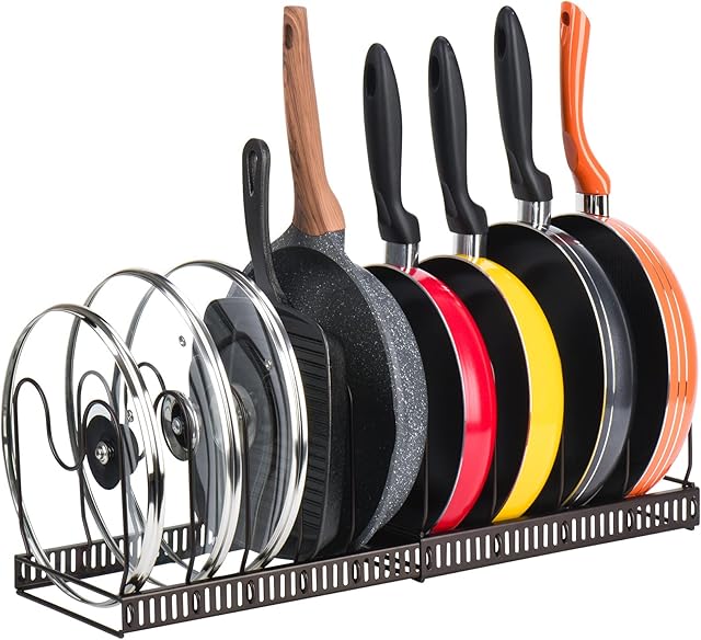 Toplife Expandable Pans Organiser Rack, 10 Adjustable Compartments, Pantry Cabinet Bakeware Lid Plate Holders, Brown