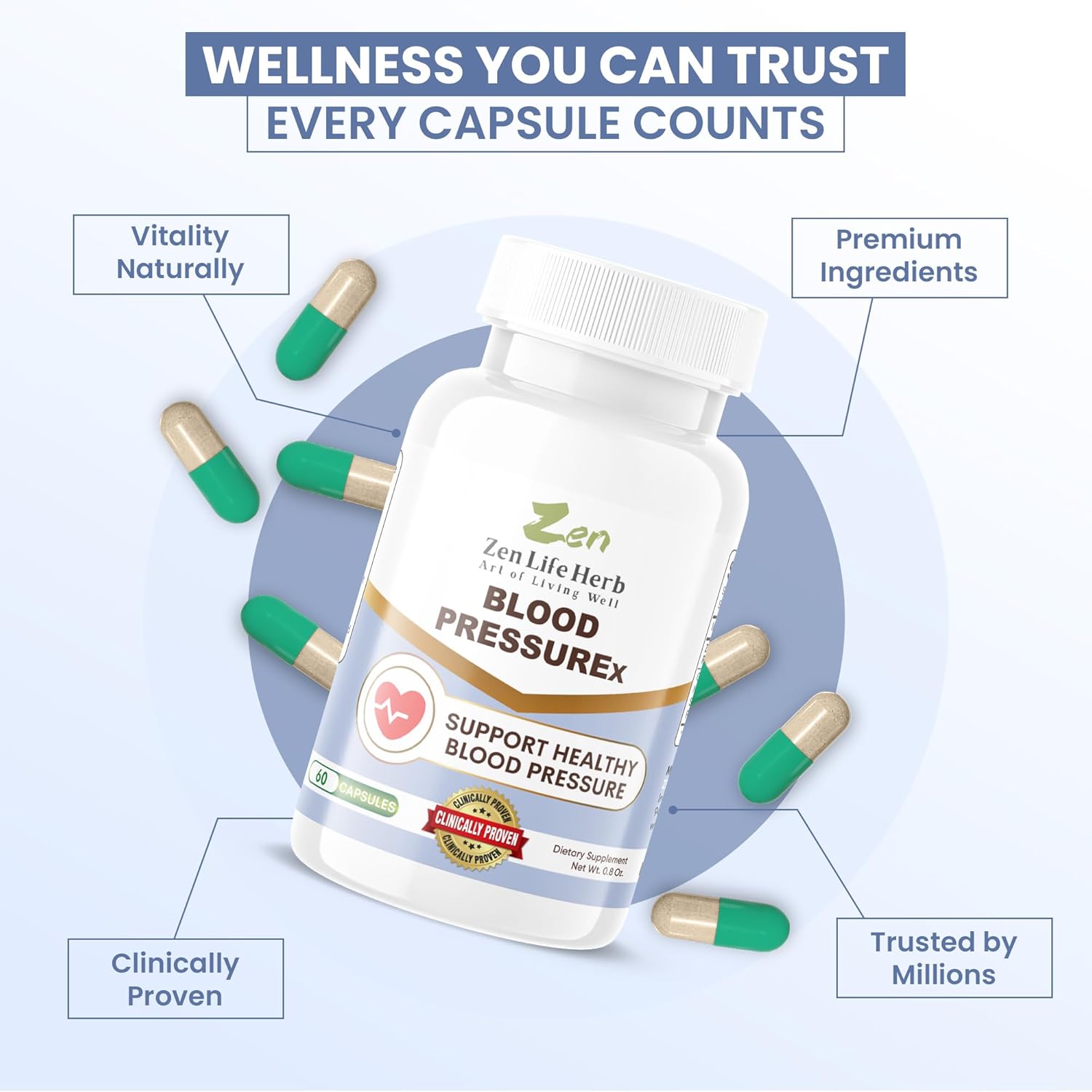 ZEN LIFE HERB Blood PressuREx - Heart Health Blood Pressure Support Supplement-Support Blood Pressure & Healthy Circularity Naturally Ginseng Plus Blend 100% PURE Plant-Based Supplement (60 Capsules) - Image 6