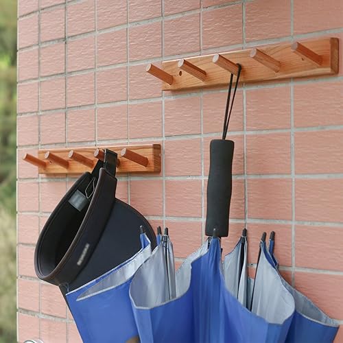Miniatura 4 de Perchero de pared de teca natural (juego de 2, 16.6 pulgadas), ganchos de entrada de granja con 5 ganchos de madera cada uno, clavijas rústicas de