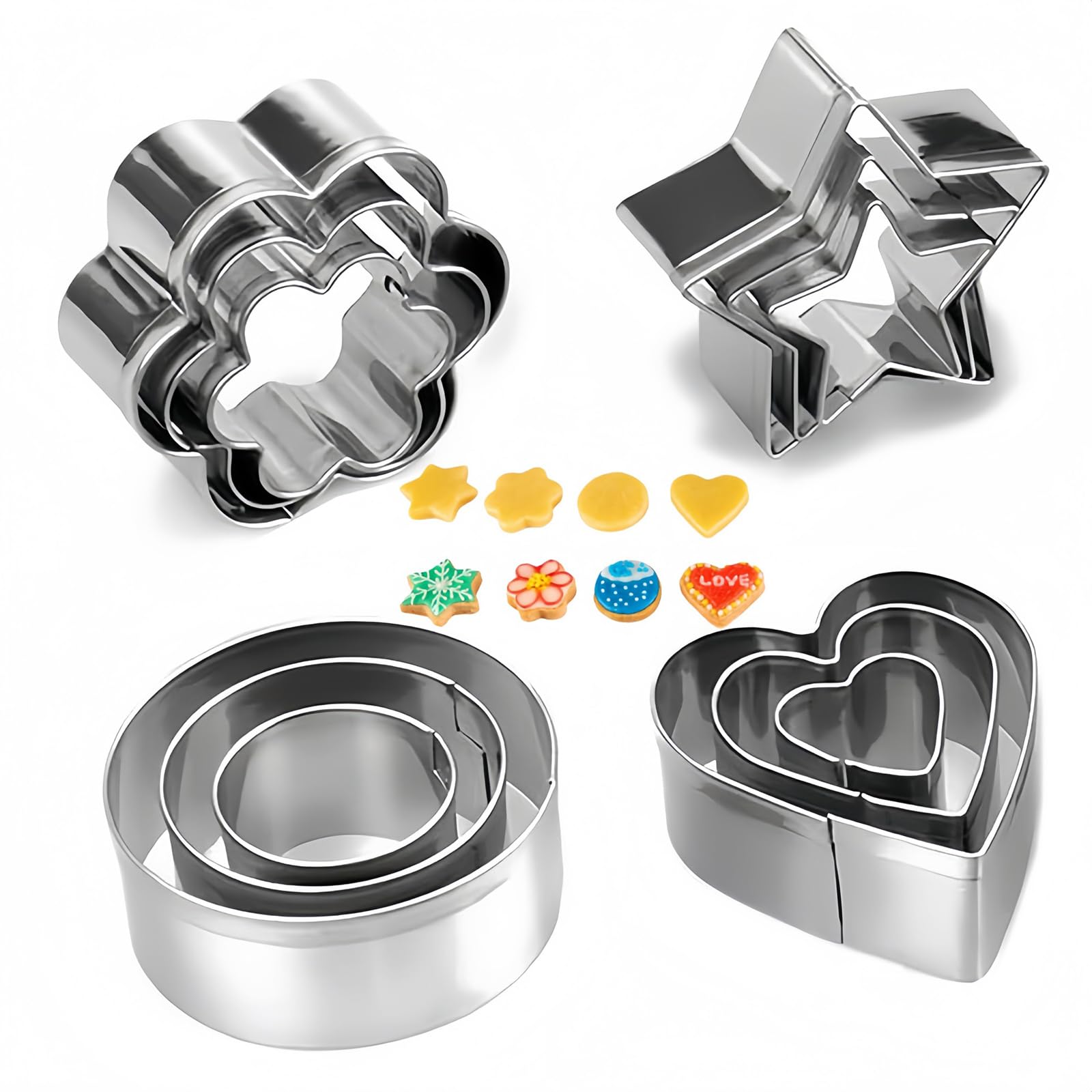 LVNEHAL Metal Cookie Cutters Set,Heart Cookie Cutter,12Set Stainless Teel Shapes Including with Heart, Star, Flower Pastry Cutters for Baking Biscuits and Mini Molds