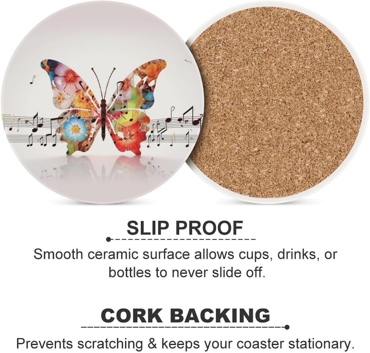 6PCS Music Butterfly Coasters Non-Slip Round Drink Coasters with Ceramic Stone and Cork Base, Heat Resistant Absorbent 33.00Stone Coaster Set for Kinds of Mugs and Cups, 4 Inch