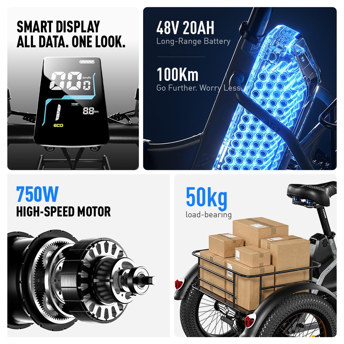Cysum AG1 Pro Tricycle Électrique pour Adultes, Vélo Électrique Pliable 16'', Batterie 48V 20Ah, 25 km/h, 80 km Autonomie