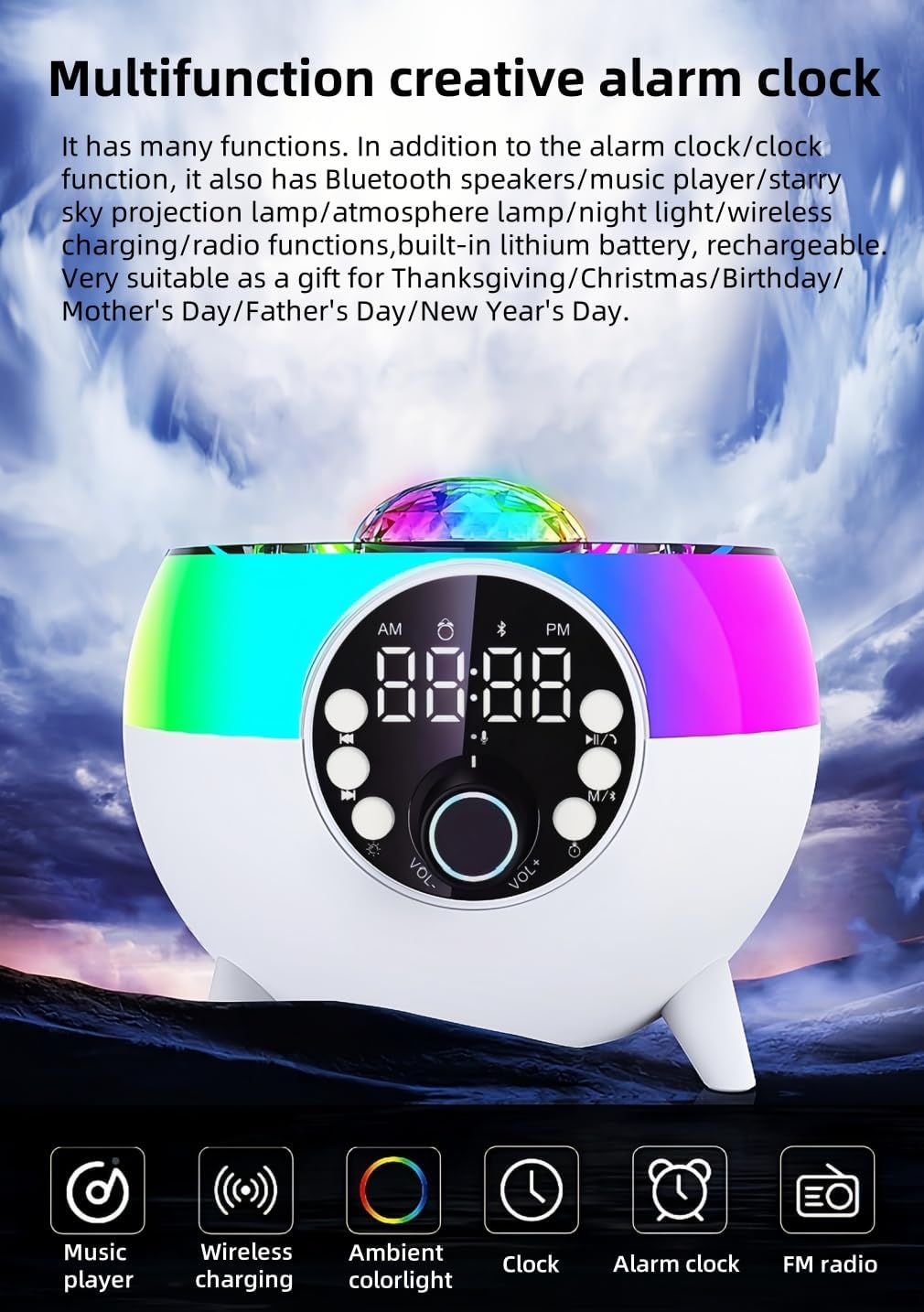 Creative Alarm Clock Bluetooth Speaker Starry Sky Projection Atmosphere Light Wireless Fast Charging Night Light FM Radio TF Card/U Disk/AUX Music Player Family/Friend/Children's Gift (White)