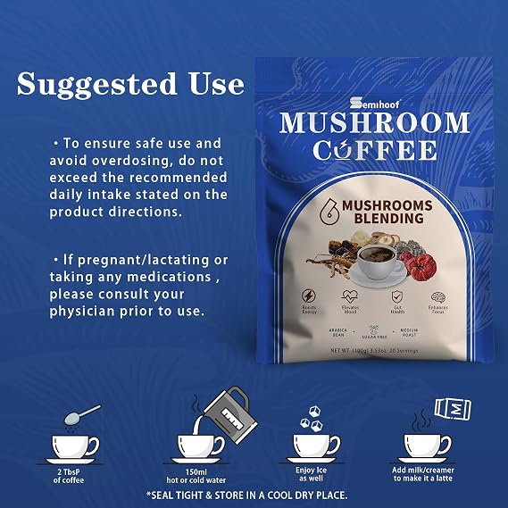 Seminhoof Instant Mushroom Coffee Powder Extract with Chaga,Lions Mane Turkey Tail Shiitake Cordyceps Reishi for better Focus, Energy, Digestion and Immunity Weight Loss Arabica Bean 20 Servings