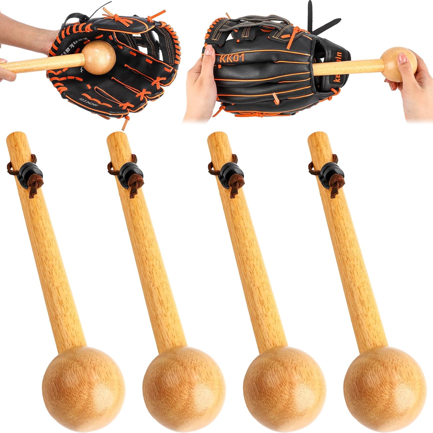 Sliner Set of 4 Baseball Hammer, Baseball Softball Glove Break in Mallet, Wood Mallets with 2 Pcs Glover Lock for Pocket Shaping Finger Loosening Faster Glove Conditioning, 12 Inch