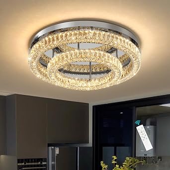 24 Inch Modern Glam Crystal Chandelier with Dimmable LED Light Ceiling Light Fixtures for Bedroom Dining Room Silver Lamp