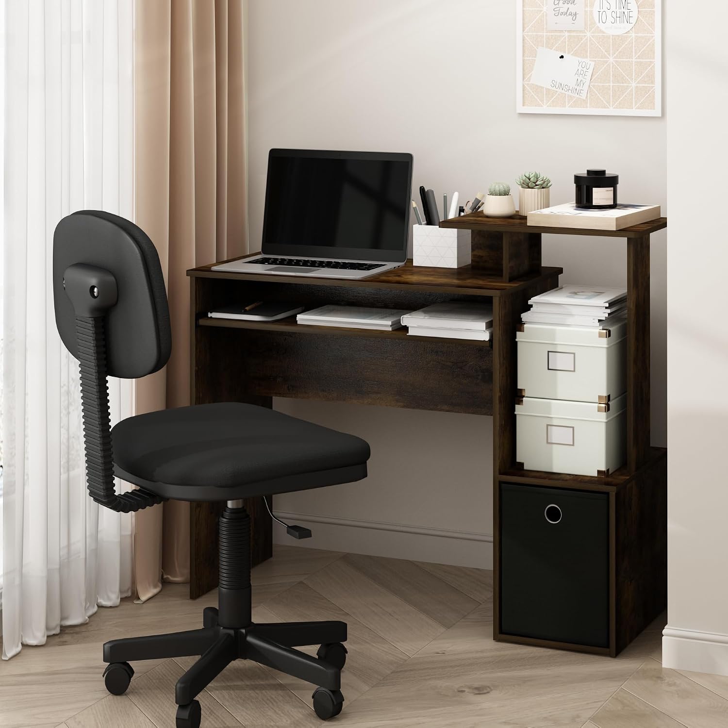 Furinno ECON Desk, 40-in Gaming Desk with Keyboard Tray, Computer Desk, Office Desk with Side Shelves and Storage Bin for Home Office, Study Room, Dorm, Amber Oak