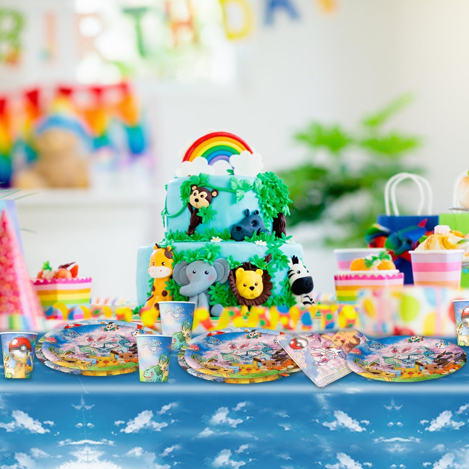 Pappgeschirr Set, 80 Stück Partygeschirr mit Pappteller Pappbecher Servietten für 20 Gäste, Bunte Papier Teller und Becher, Cartoon Anime Geschirrset für Kindergeburtstag Partydeko Tischdeko