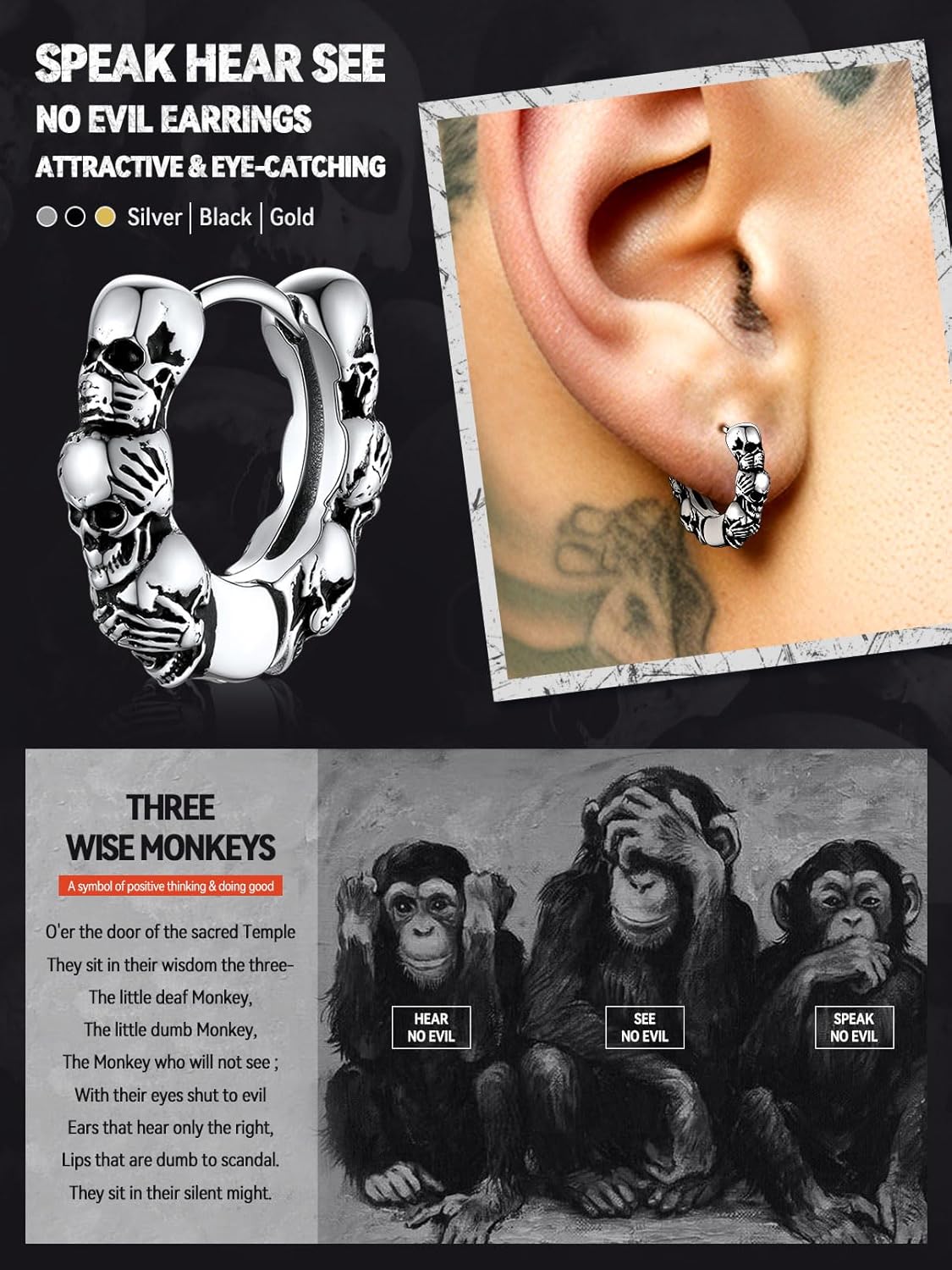 FaithHeart Skull Hoop Earrings for Men Silver/Black/Gold Stainless Steel Gothic Huggie Hoops Earring Lightweight Hypoallergenic Punk Cool Rapper Hip-hop Ear Jewelry Gifts - Image 7