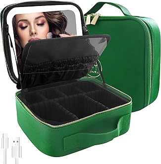 MOMIRA Makeup Case with Mirror and Light, Travel Makeup Train Case, Cosmetic Bag Organizer, Portable Artist Storage Bag, Emerald Green