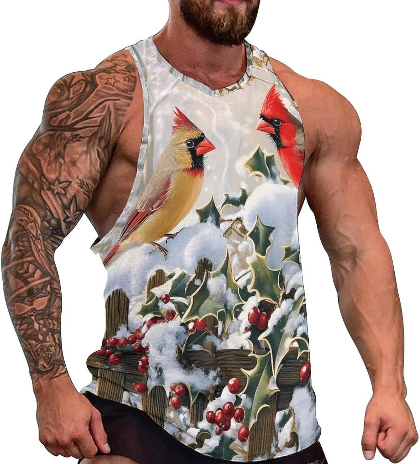 Bird Snowy Red Cardinal Men's Tank Tops Sleeveless Muscle Shirts for Men Lightweight Vest Crew Neck T-Shirts