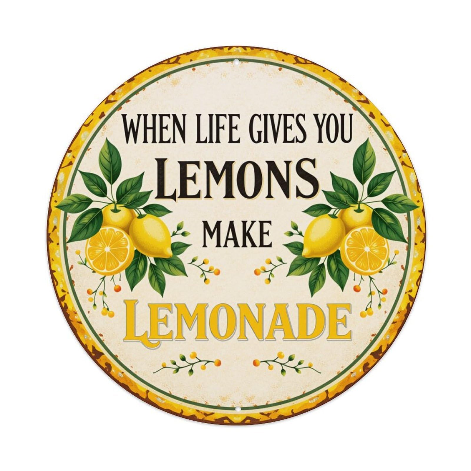 Lemon Tree Leaves Fruit Text Round Tin Sign Vintage Metal Poster, Home Bar Garage Man Cave Cafe Indoor & Outdoor Wall Decoration 8x8Inches