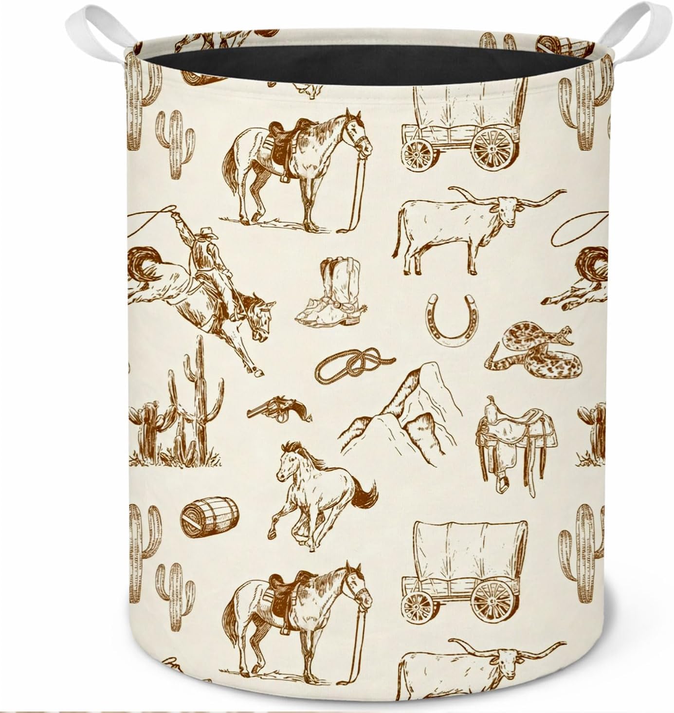 Retro Cowboy Western Laundry Basket, Boho Southwestern Country Cowboy Cactus Laundry Hamper Waterproof Collapsible Clothes Toys Storage Basket for Bedroom Bathroom Home
