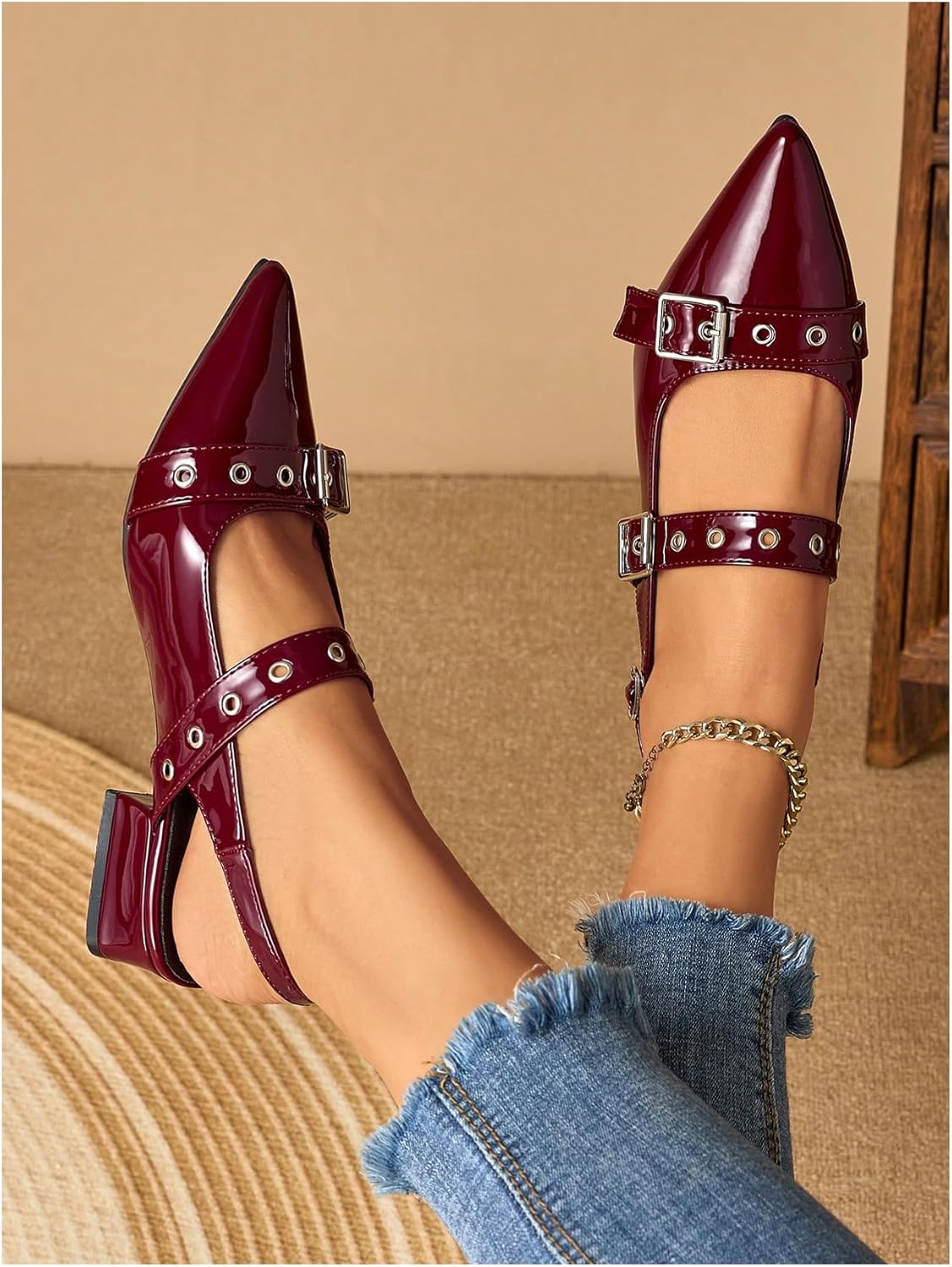 SHENHE Women's Slingback Flats Low Heels Pointed Toe Patent Leather Rivets Dress Pump Shoes - Image 2