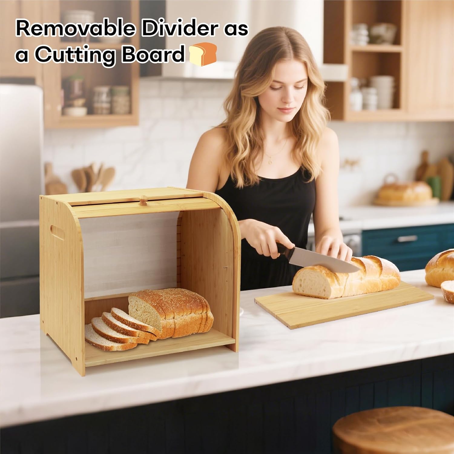 Bread Box for Kitchen Countertop, Double Layer Bamboo Bread Storage Container for Homemade Bread, Roll Top Bread Box with 3 Adjustable Height for Kitchen Counter, Natural Breadbox Organizer
