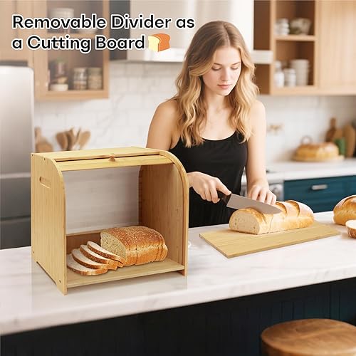 Miniatura 7 de Bread Box for Kitchen Countertop, Double Layer Bamboo Bread Storage Container for Homemade Bread, Roll Top Bread Box with 3 Adjustable Height for