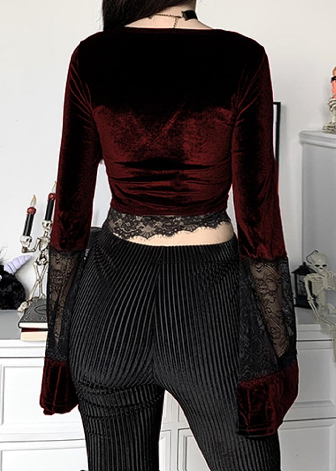 TSMNZMU Womens Gothic Velvet Crop Tops - V Neck Lace Patchwork Long Sleeve Shirt - Witch & Dark Goth Style - Image 2