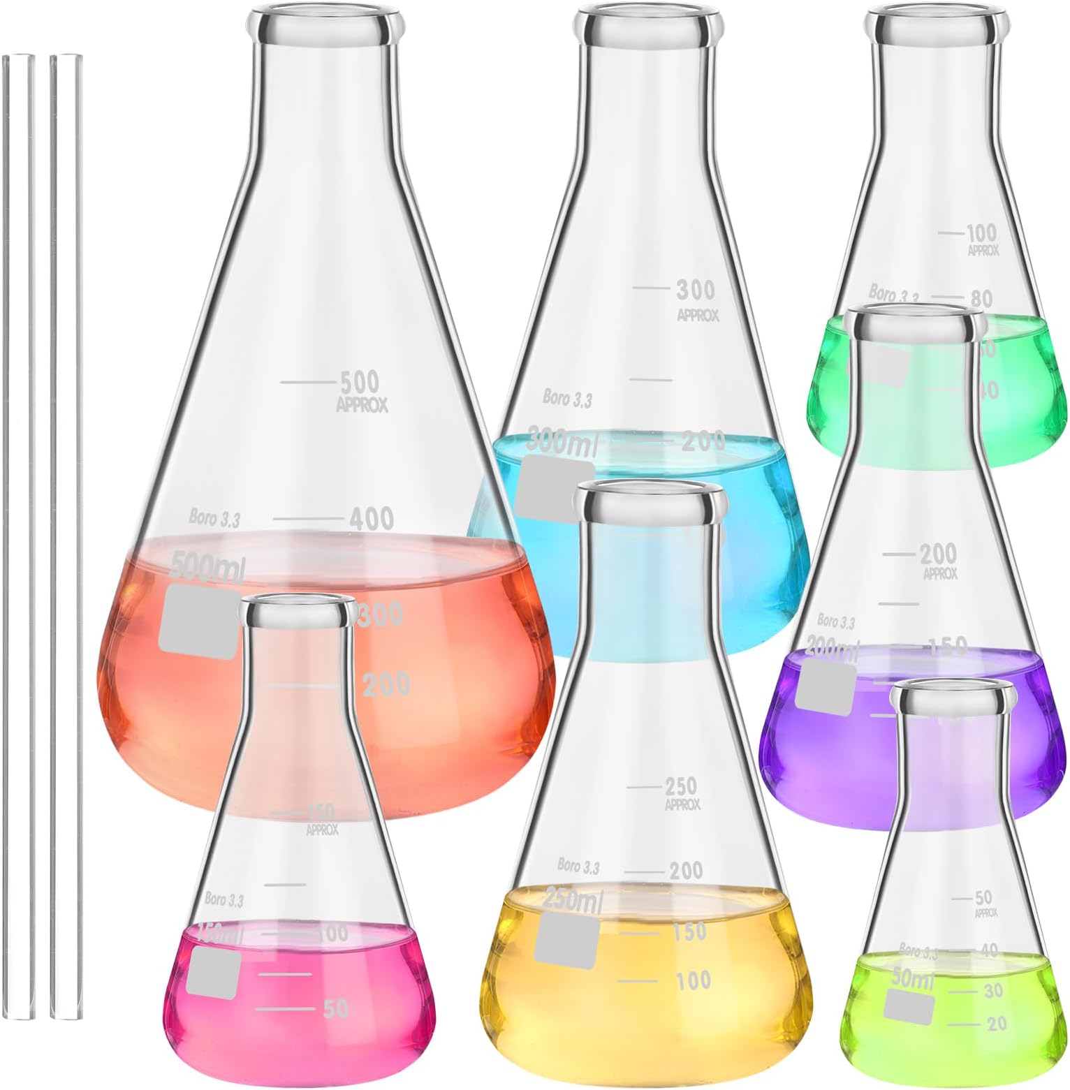 9 Pack Glass Erlenmeyer Flask Set with Glass Stirring Rod, 7 Sizes, 50ml, 100ml, 150ml, 200ml, 250ml, 300ml, 500ml, Narrow Mouth Borosilicate Erlenmeyer Flask with Printed Graduation for Lab Chemistry
